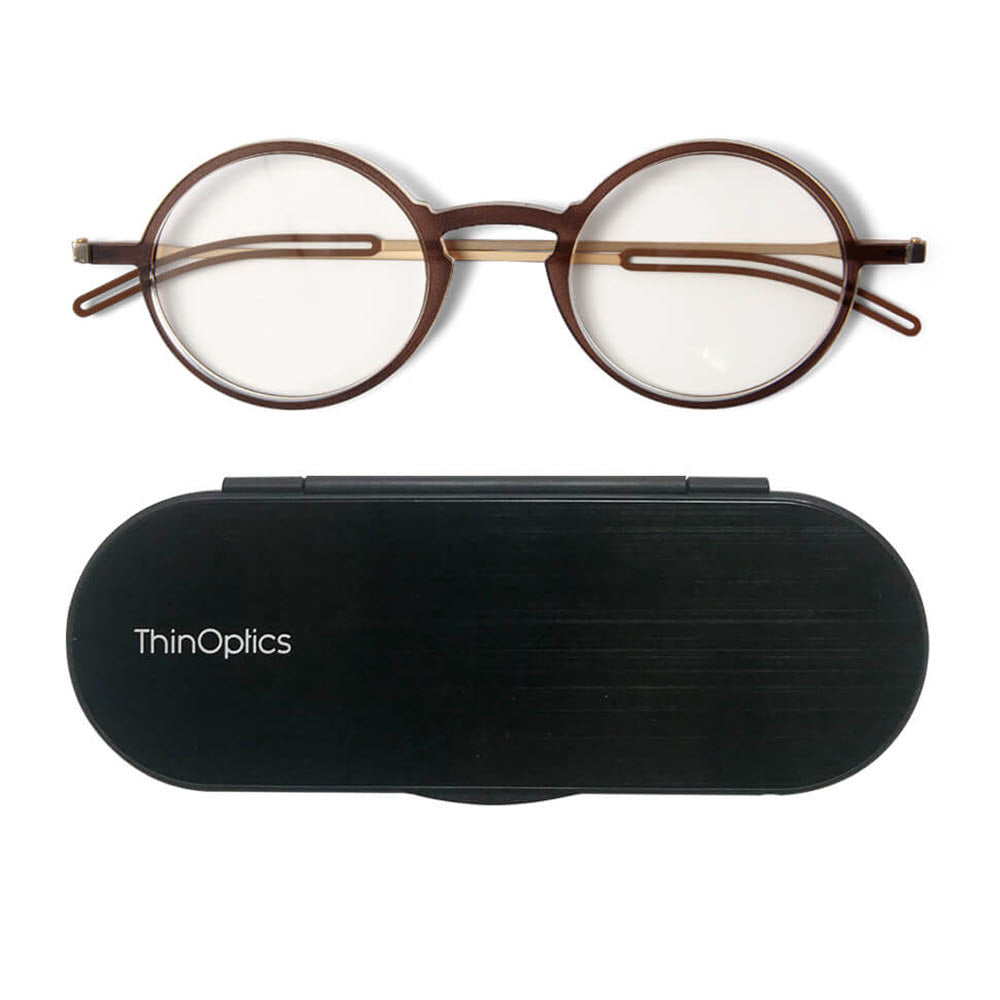 Image of ThinOptics FrontPage Collection - Manhatten 1.5 Glasses with Milano Black Case - Brown