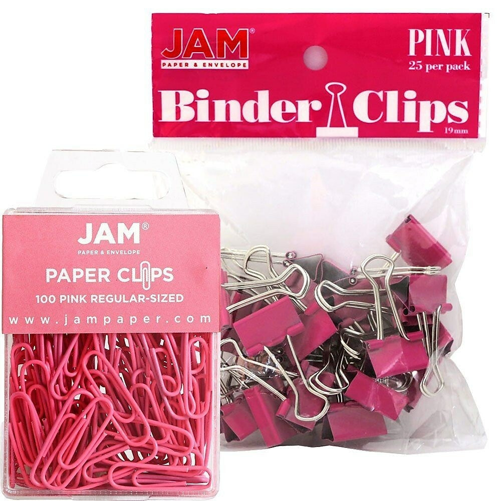 Image of JAM Paper Office Desk Supplies Bundle, Paper Clips & Binder Clips, Pink (218334pi)
