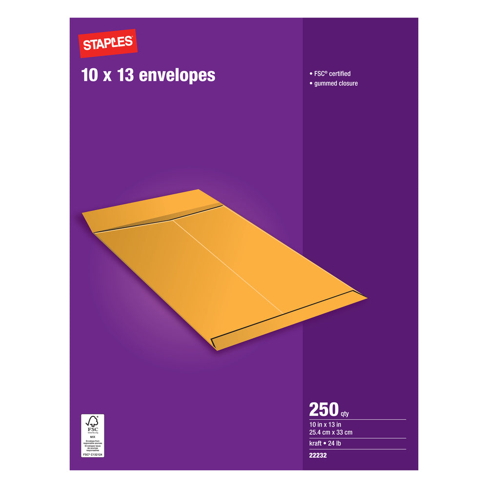 Image of Staples Gummed Kraft Catalogue Envelopes - 10" x 13" - 250 Pack