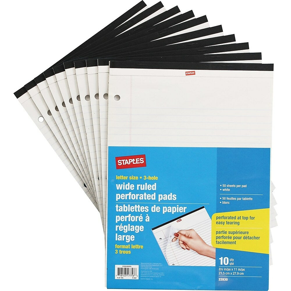 Image of Staples Personal Size Perforated Wide Ruled White Paper Pads - 3 Hole - 50 Sheets - 10 Pack