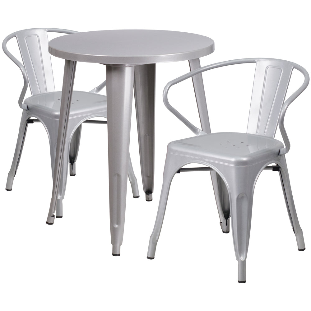 Image of 24" Round Silver Metal Indoor-Outdoor Table Set with 2 Arm Chairs (CH-51080TH-2-18ARM-SIL-GG)