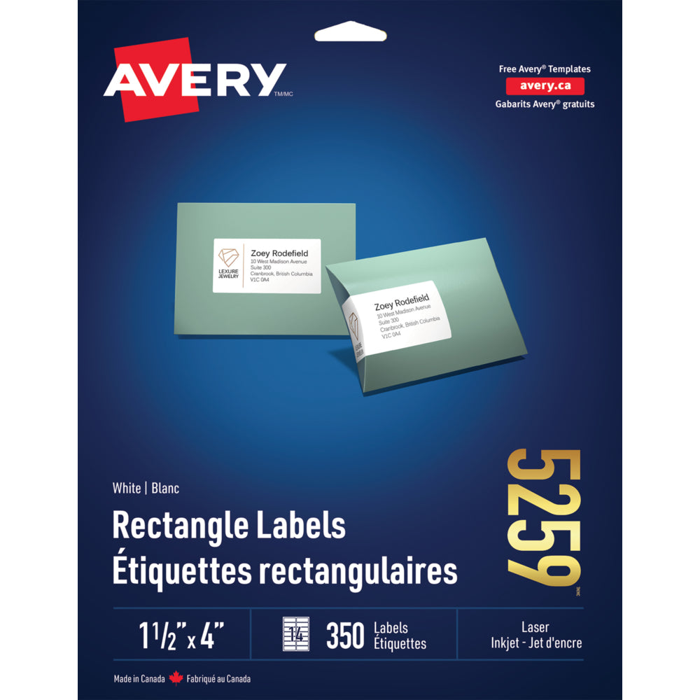 Image of Avery White Laser Address Labels, 1-1/2" x 4", 350 Pack (5259)