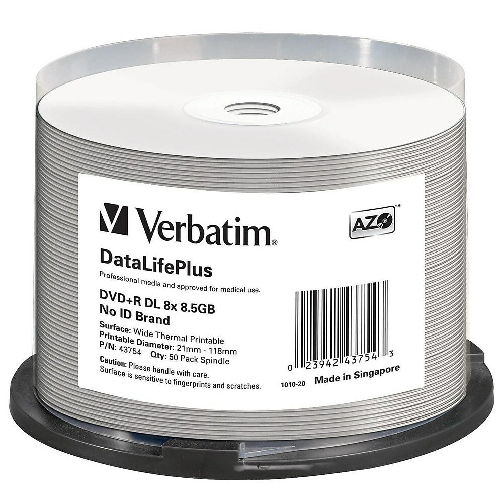 Image of Verbatim Datalifeplus 43754 DVD Recordable Media Spindle, DVD+R Dl, 8X, 8.50GB, 50 Pack