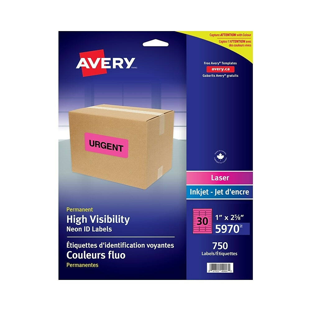 Image of Avery Neon Magenta Laser High Visibility Labels - 2-5/8" x 1" - 750 Pack