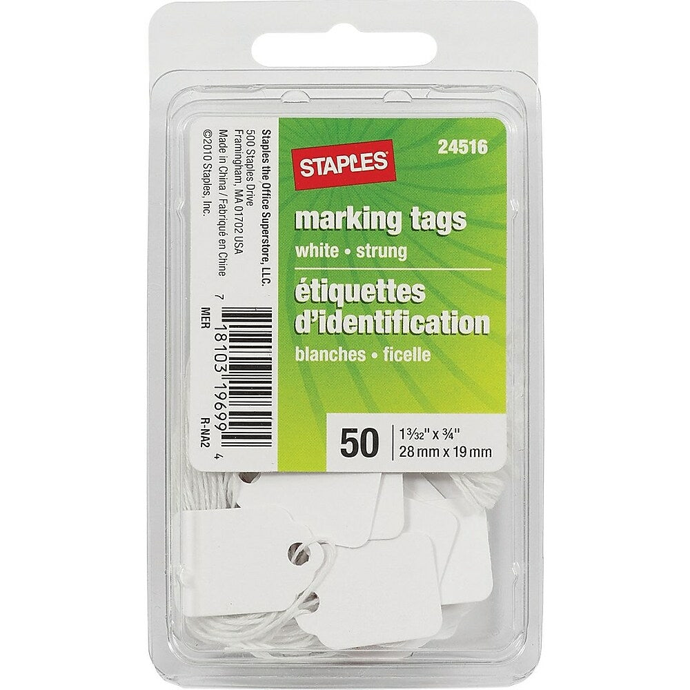 Image of Staples Retail Marking / Pricing Tags with String, 1-3/32" x 3/4", White, 50 Pack