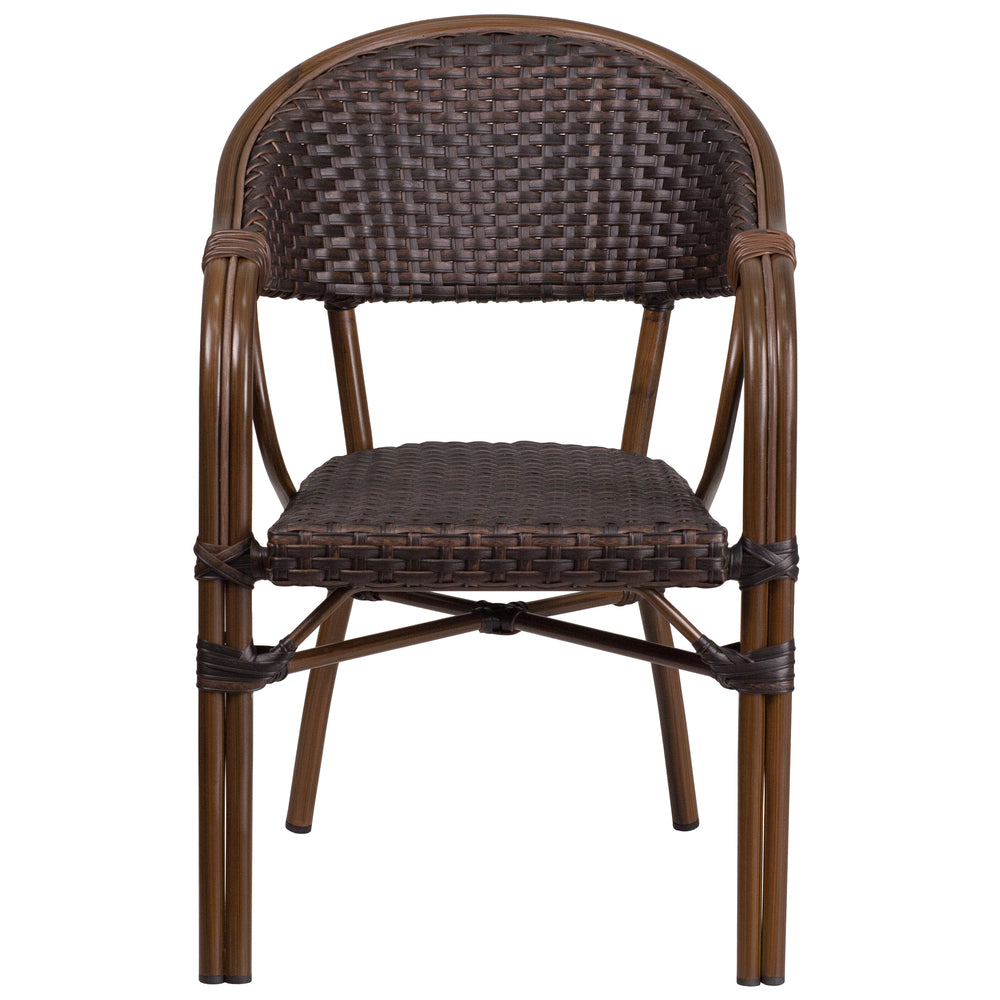 Image of Flash Furniture Milano Series Dark Brown Rattan Restaurant Patio Chair with Red Bamboo-Aluminum Frame