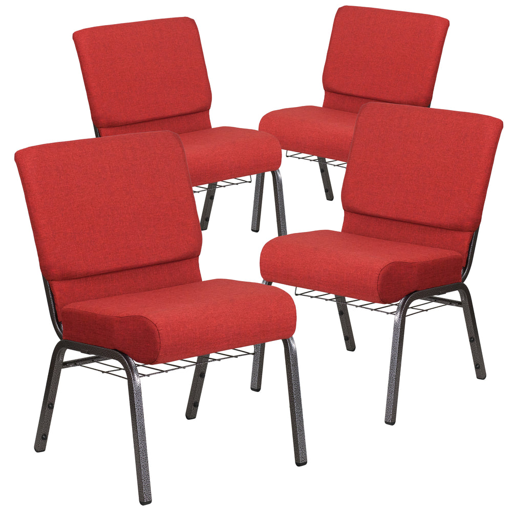 Image of Flash Furniture HERCULES Series 21"W Church Chair in Crimson Fabric with Cup Book Rack - Silver Vein Frame, Red