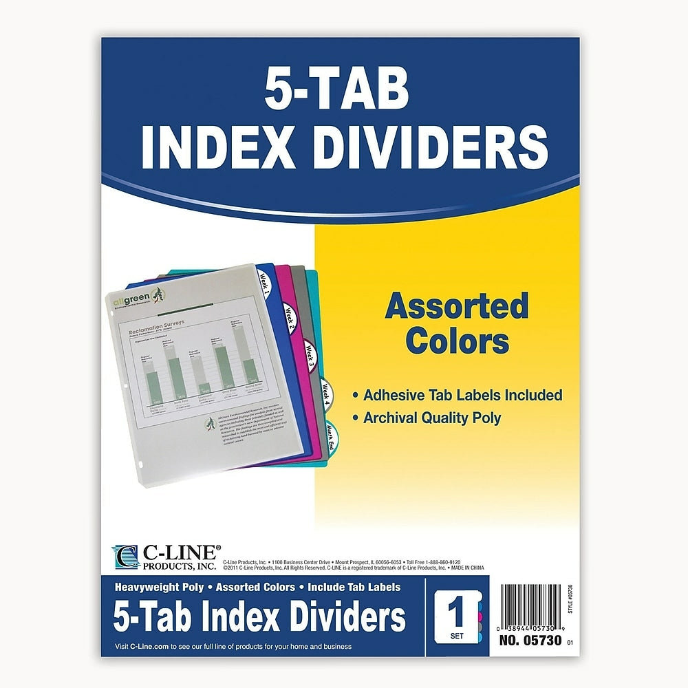 Image of C-Line Heavyweight Poly Binder Index Dividers, 5-Tab Set, Assorted Colors, 11 x 8-1/2, 60 Pack
