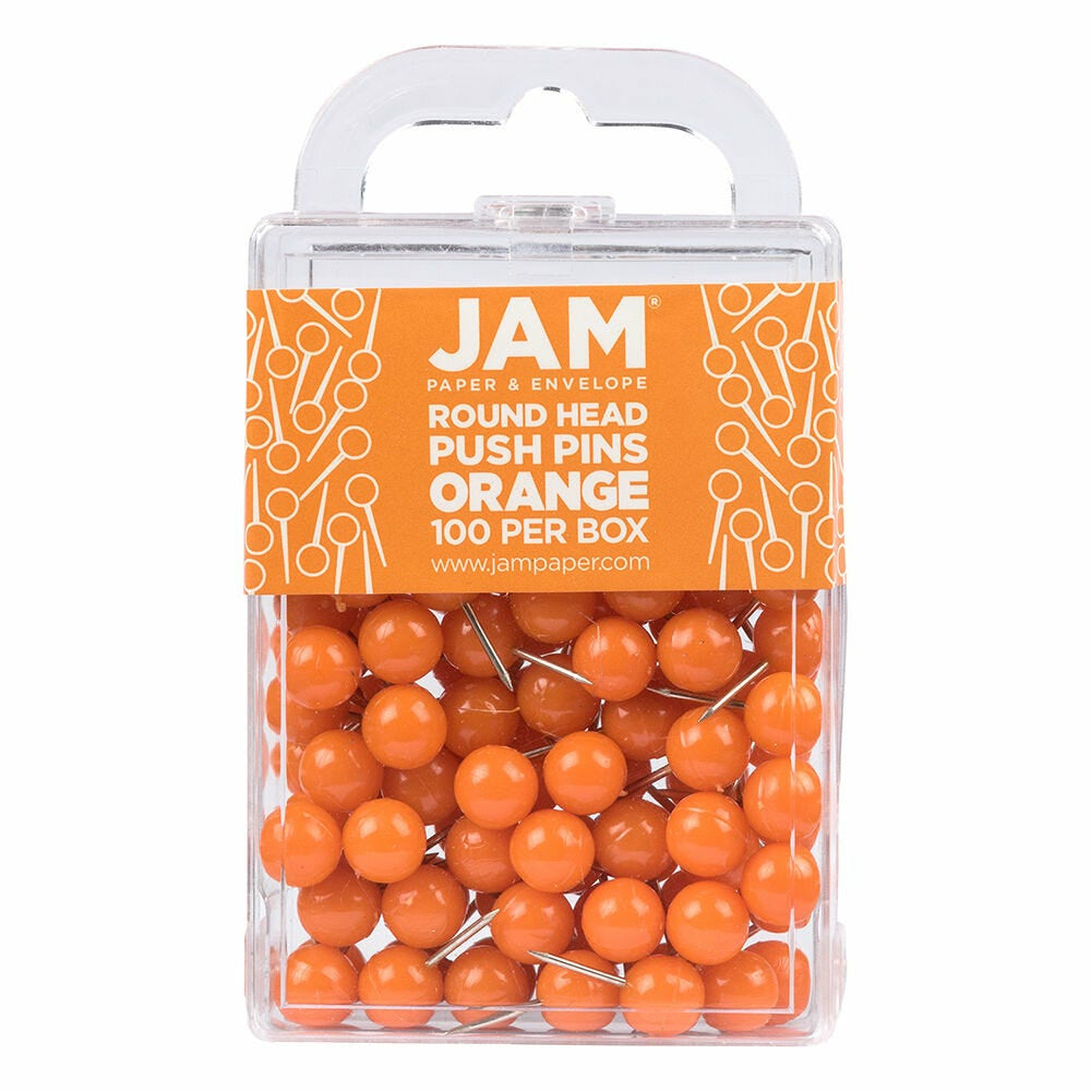 Image of JAM Paper Colorful Push Pins - Round Head Map Thumb Tacks - Orange - 100 Pack