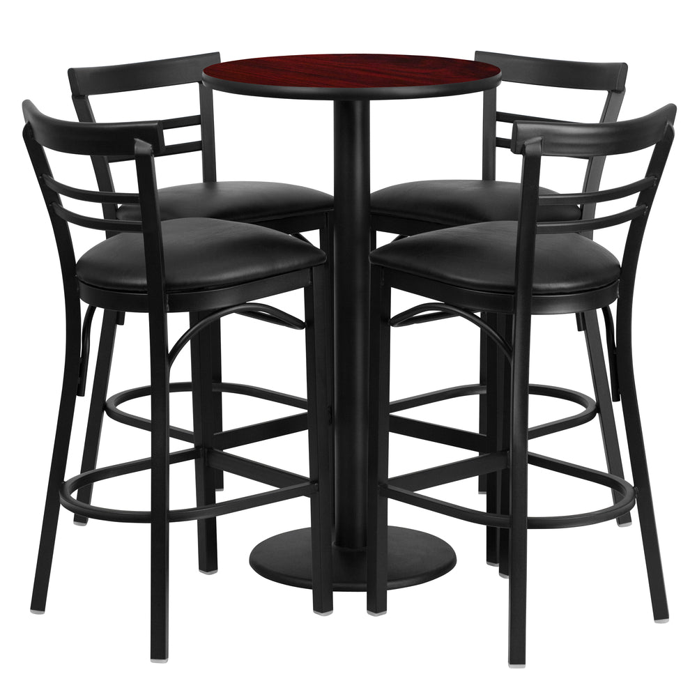 Image of Flash Furniture 24" Round Mahogany Laminate Table Set with Round Base and 4 Ladder Back Metal Bar Stools, Black Vinyl Seat