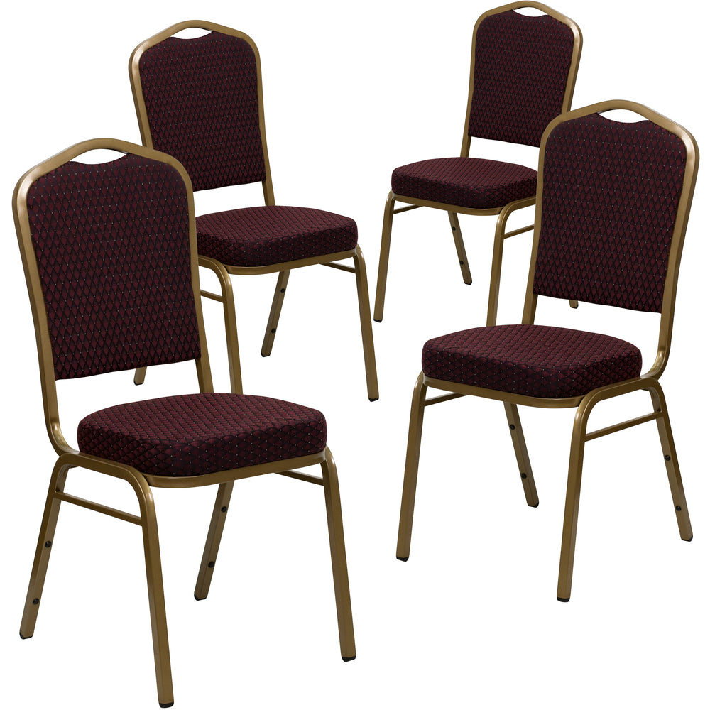 Image of Flash Furniture HERCULES Series Crown Back Stacking Banquet Chairs with Burgundy Patterned Fabric & Gold Frame - 4 Pack, Red