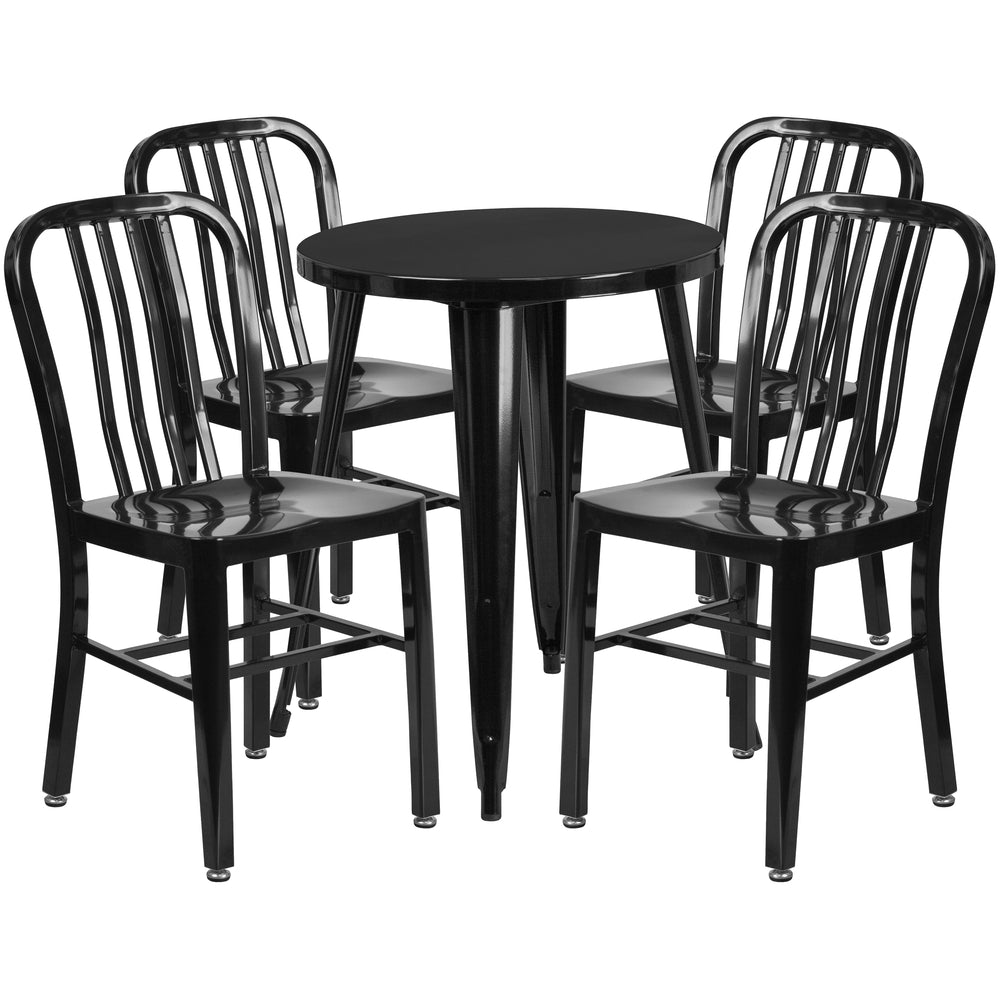 Image of 24" Round Black Metal Indoor-Outdoor Table Set with 4 Vertical Slat Back Chairs [CH-51080TH-4-18VRT-BK-GG]