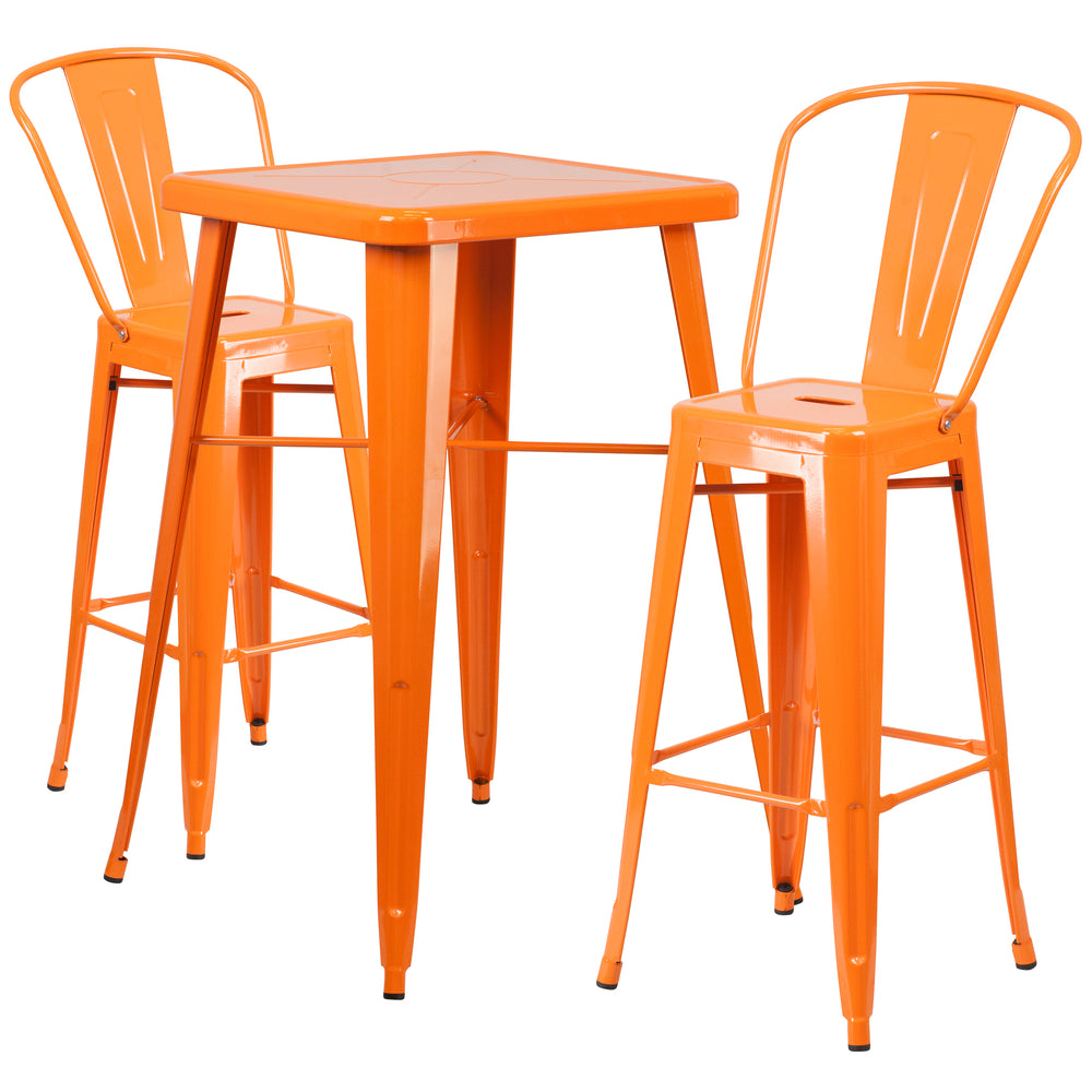Image of Flash Furniture 23.75" Square Orange Metal Indoor-Outdoor Bar Table Set with 2 Stools with Backs