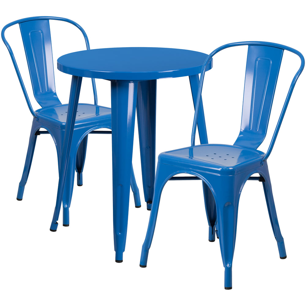 Image of 24" Round Blue Metal Indoor-Outdoor Table Set with 2 Cafe Chairs [CH-51080TH-2-18CAFE-BL-GG]