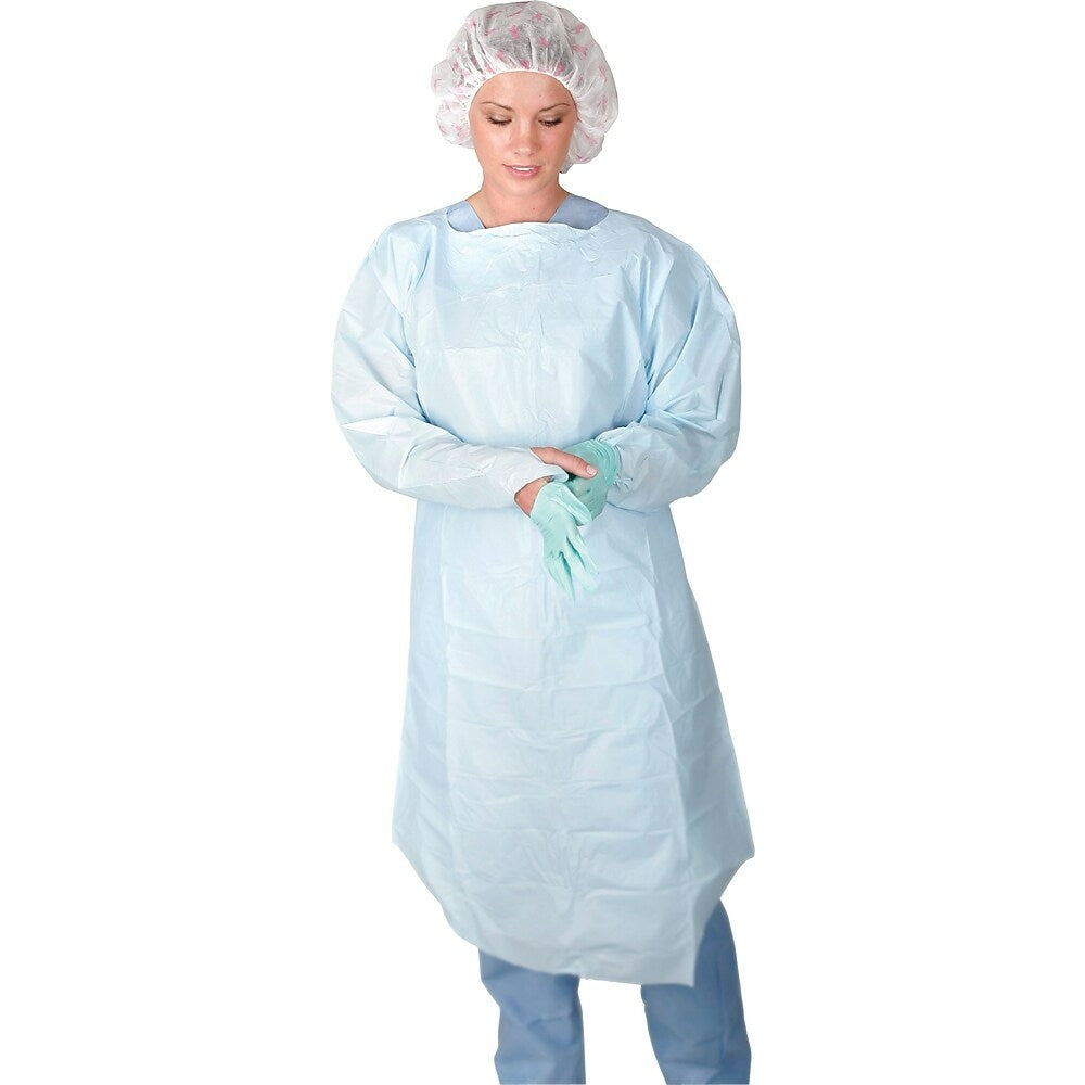 Image of Medline Polyethylene Isolation Gown, Blue, Regular/Large, Thumb Loop Wrist, 75 Pack