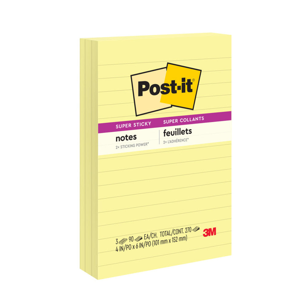 Image of Post-it Super Sticky Lined Notes - 4" x 6" - Canary Yellow - Lined - 270 Sheets- 3 Pack