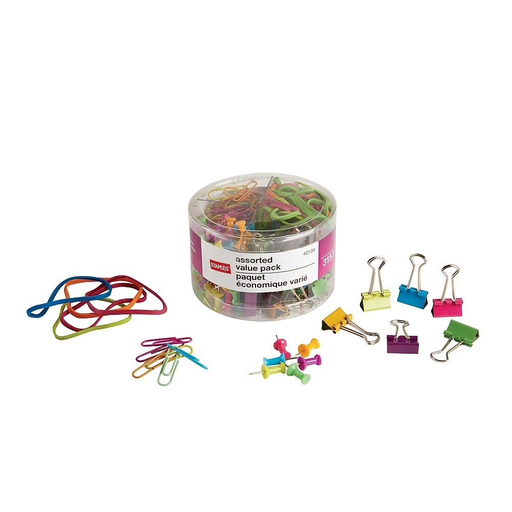 Image of Staples Binder Clip - Paper Clip - Push Pins & Rubber Bands Value Pack - 315 Pack