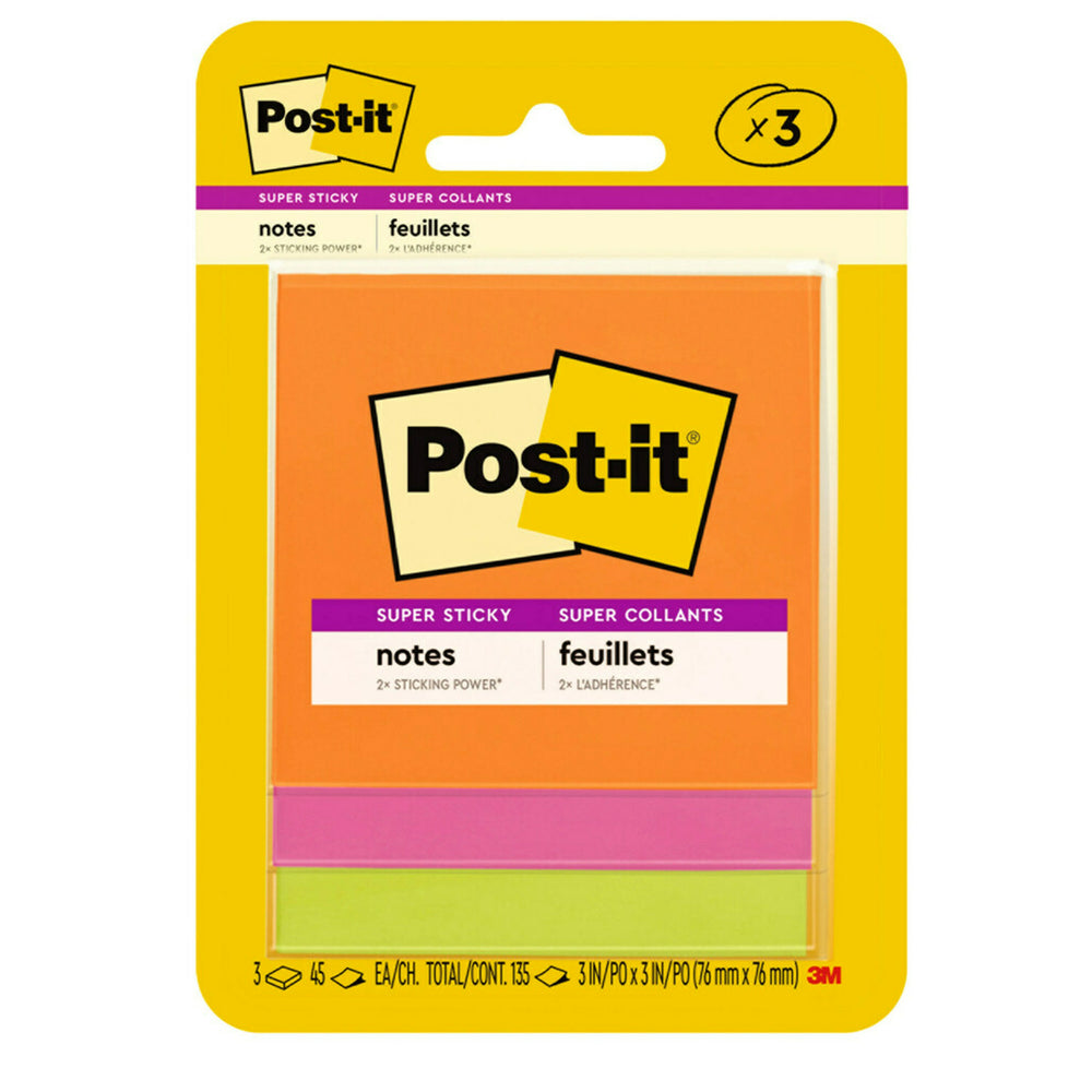 Image of Post-it Super Sticky Notes - 3" x 3" - Energy Boost Collection - 135 sheets - 3 Pack, Multicolour