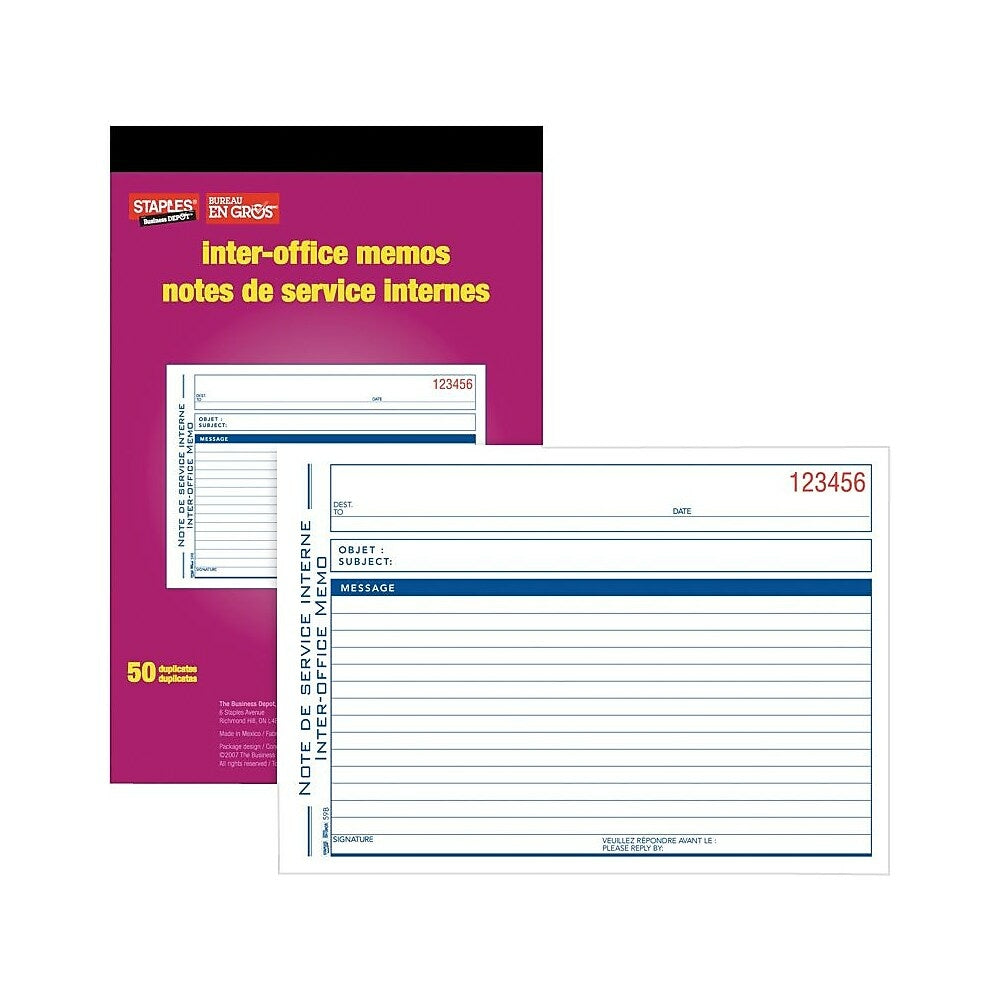 Image of Staples Inter-office Memos - Bilingual - Carbonless - Duplicate - 5-3/8" x 8"