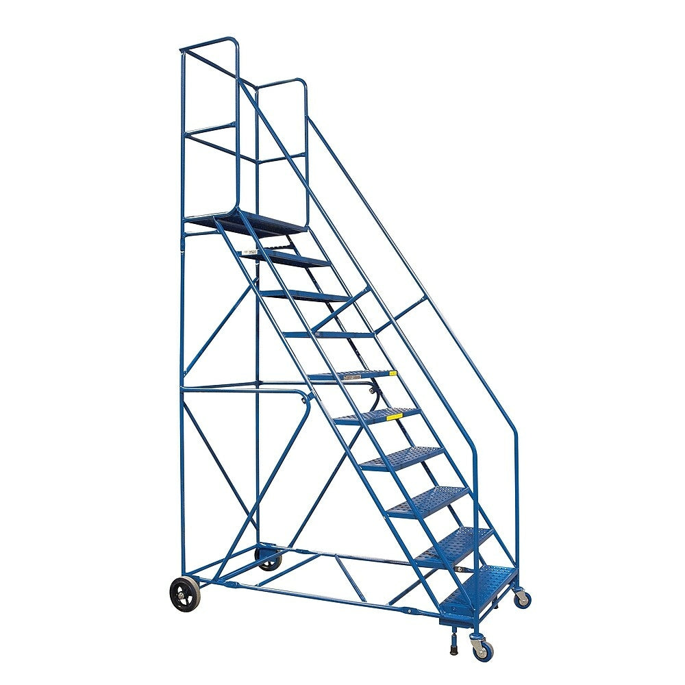 Image of Kleton Rolling Step Ladders, 10 Steps, 30" Step Width, 89" Platform Height, Steel, Blue