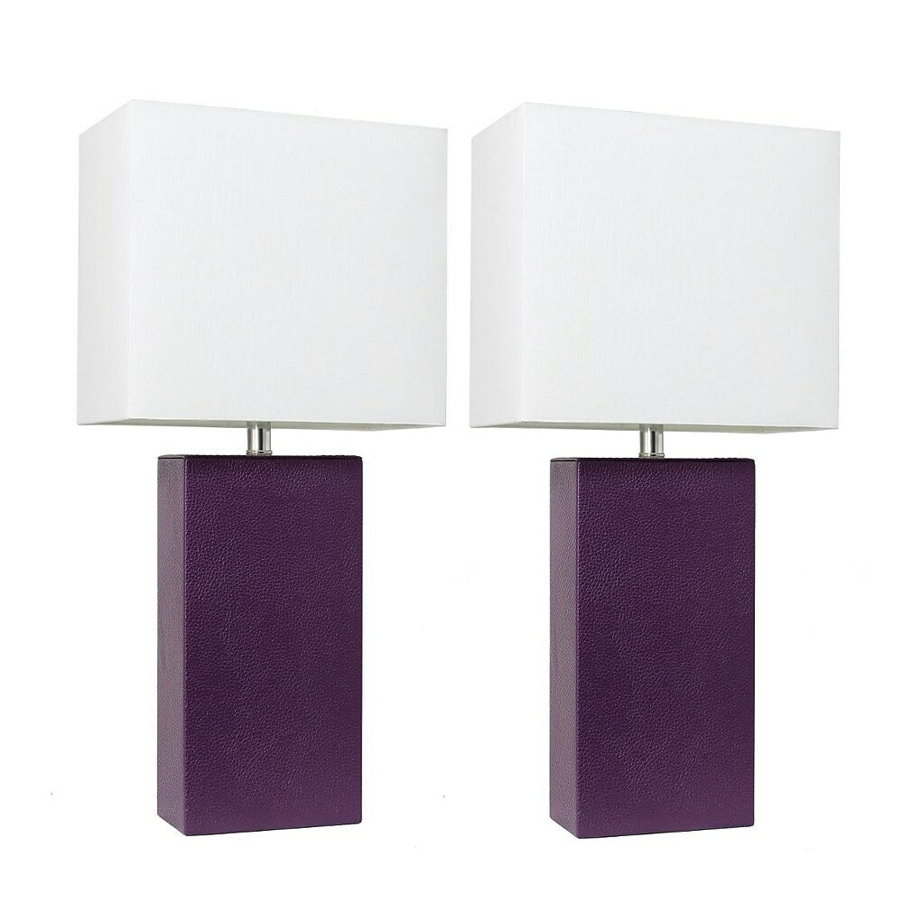 Image of Elegant Designs 60 Watt Type A 19 Medium Base Bulb 2 Pack Modern Leather Table Lamps with White Fabric Shades - Eggplant