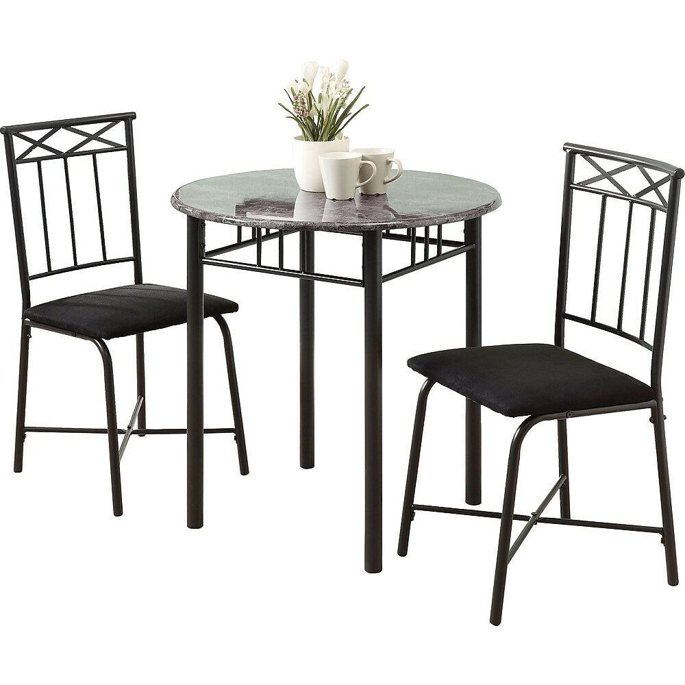 Image of Monarch Specialties - 3065 Dining Table Set - 3pcs Set - Small - 30" Round - Kitchen - Metal - Grey Marble Look - Black