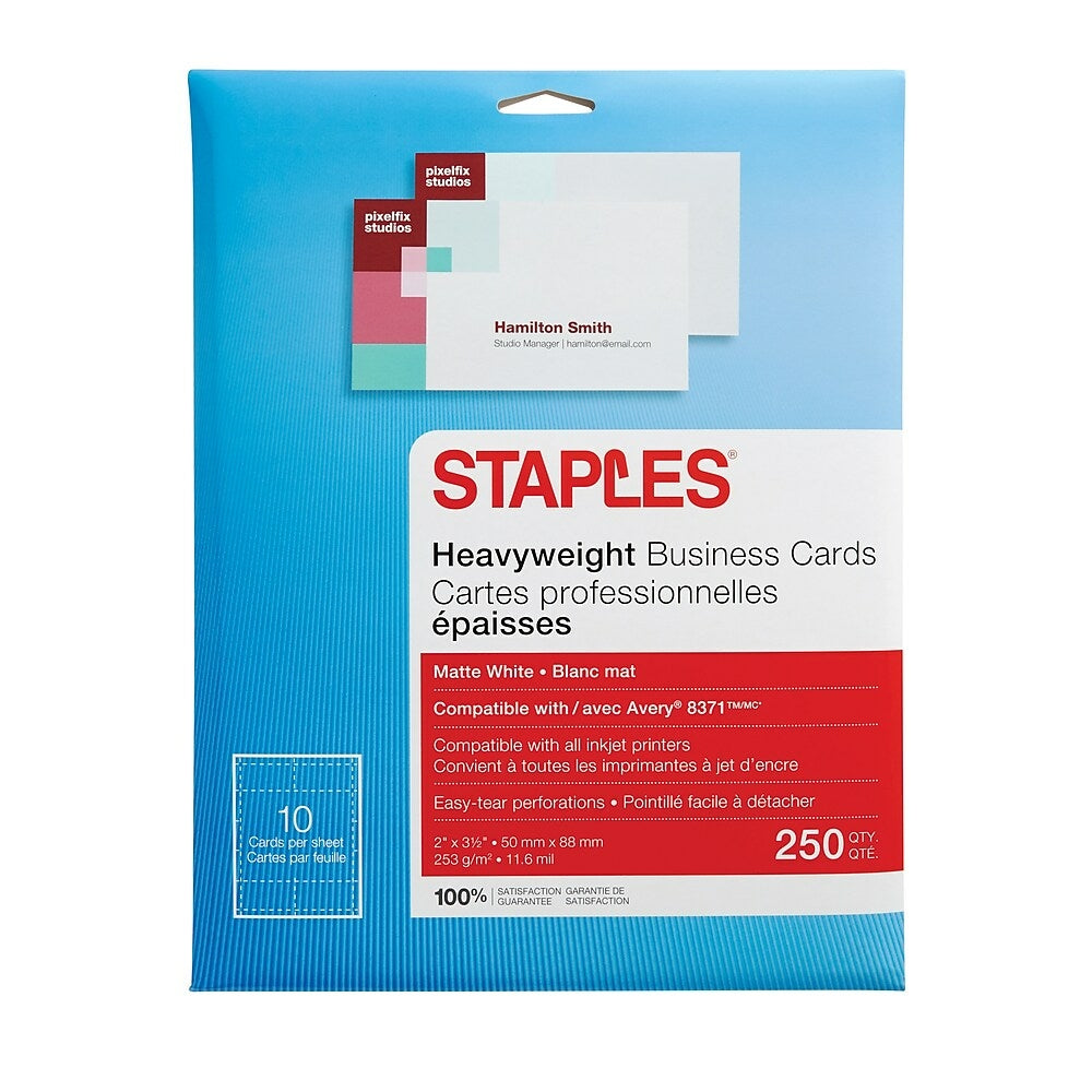 Image of Staples Inkjet Business Cards - 2" x 3 1/2" - Matte White - 250 Pack