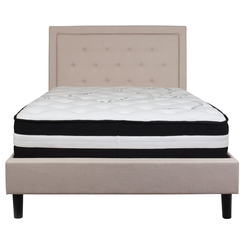 Image of Flash Furniture Roxbury Full Size Tufted Upholstered Platform Bed in Beige Fabric with Pocket Spring Mattress