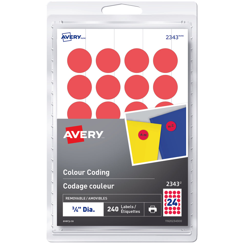 Image of Avery Print or Write Removable Colour-Coding Labels, 3/4" Round, Red, 240 Pack (2343)