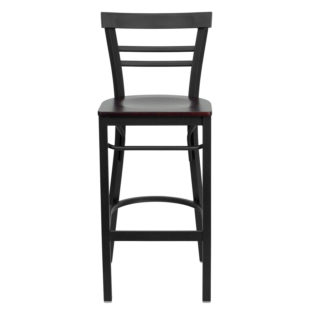 Image of Flash Furniture HERCULES Series Black Two-Slat Ladder Back Metal Restaurant Barstool - Mahogany Wood Seat - 2 Pack