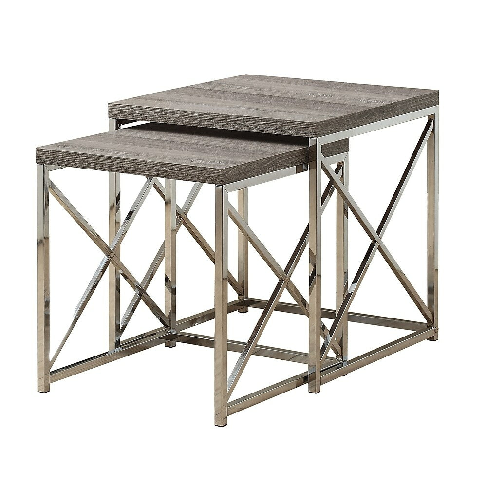 Image of Monarch Specialties - 3255 Nesting Table - Set Of 2 - Side - End - Metal - Living Room - Bedroom - Metal - Brown - Chrome, Grey