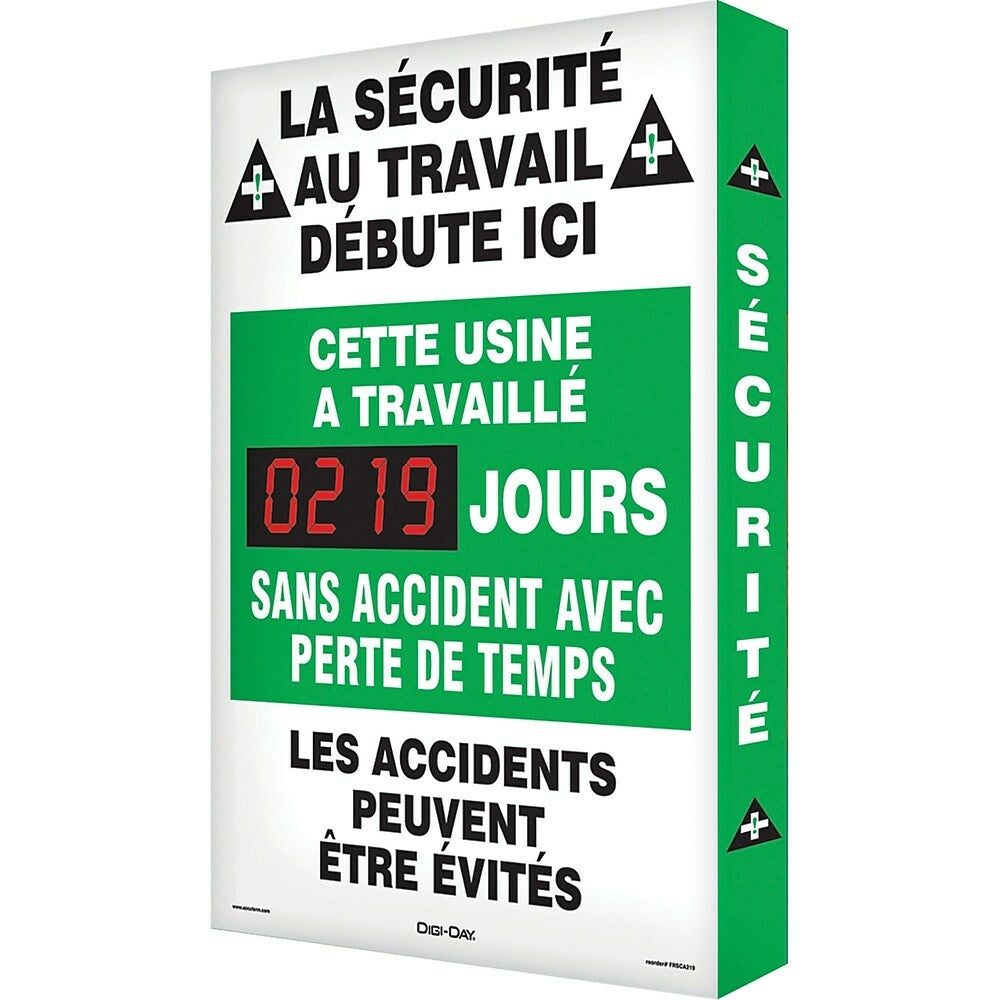 Image of Accuform Signs "Jours Sans" Accident Digi-Day 3 Electronic Signal Scoreboard, 28" x 20", Aluminum, French With Pictogram, White