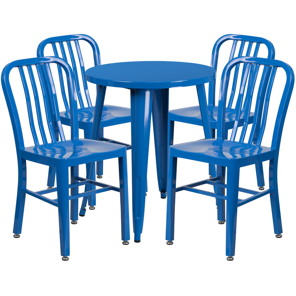 Image of 24" Round Blue Metal Indoor-Outdoor Table Set with 4 Vertical Slat Back Chairs [CH-51080TH-4-18VRT-BL-GG]