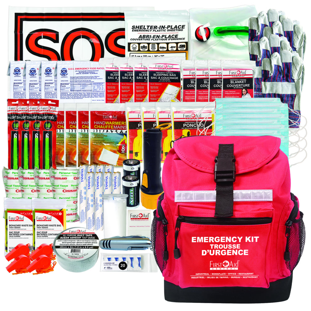 Image of First Aid Central Four Person 72 Hour Emergency Survival Kit - Red Nylon Backpack