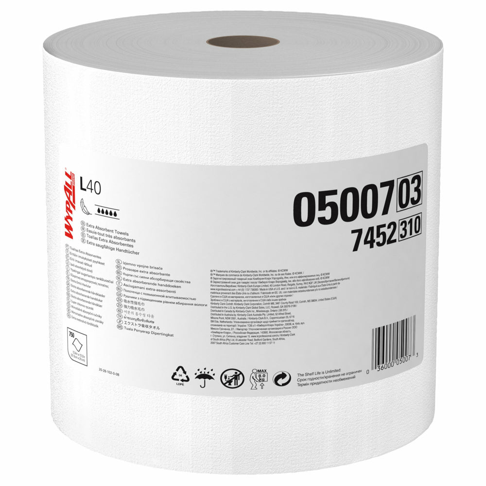 Image of WypAll PowerClean L40 Extra Absorbent Towels - Jumbo Roll - Limited Use Towels - White
