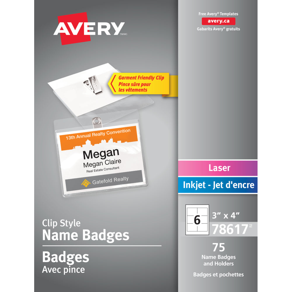 Image of Avery Clip Style Laser/Inkjet Name Badge Kit, 4" x 3", 75 Pack, (78617)