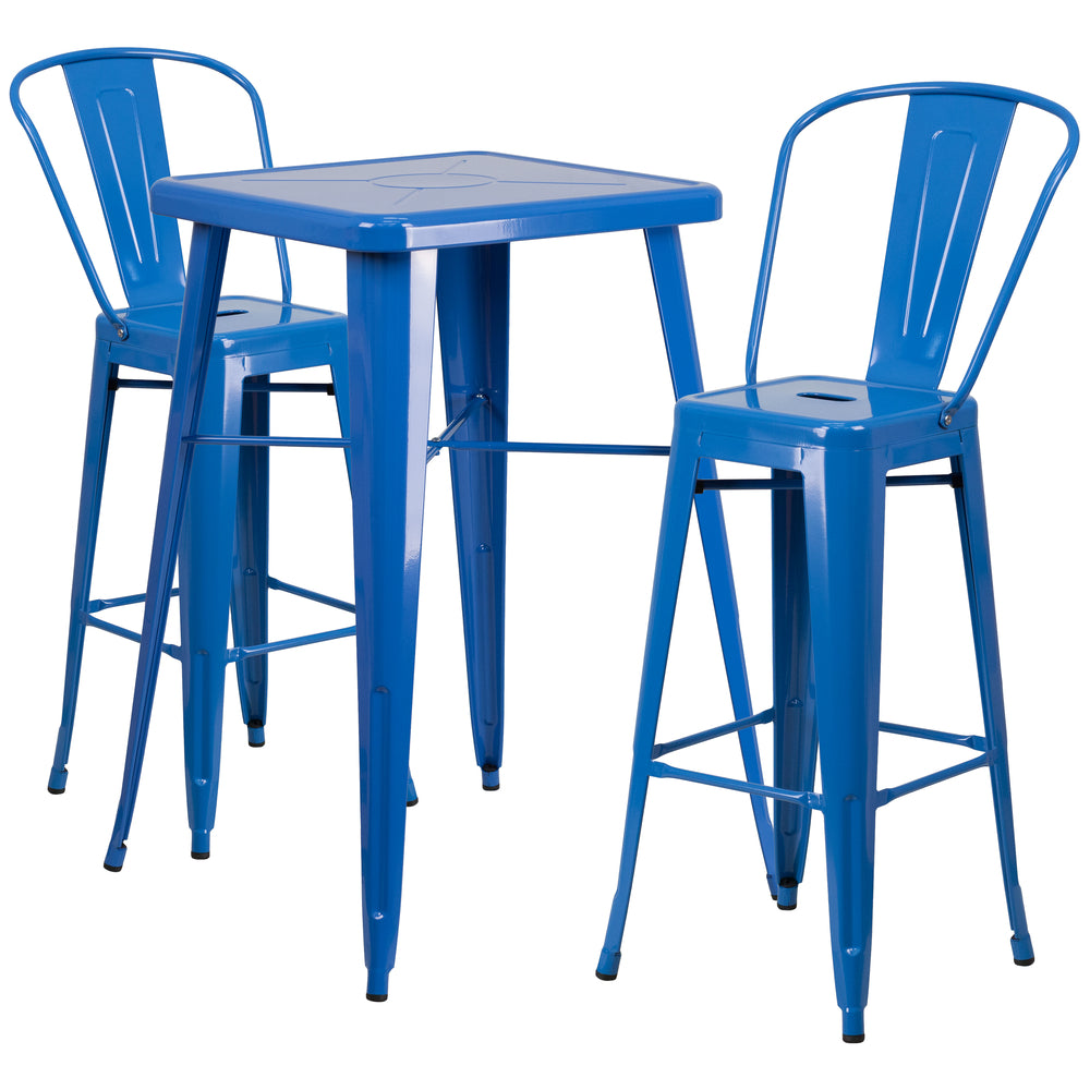 Image of Flash Furniture 23.75" Square Blue Metal Indoor-Outdoor Bar Table Set with 2 Stools with Backs