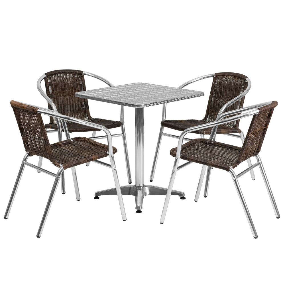 Image of Flash Furniture 23.5" Square Aluminum Indoor-Outdoor Table, 4 Rattan Chairs (TLH24SQ020CHR4)