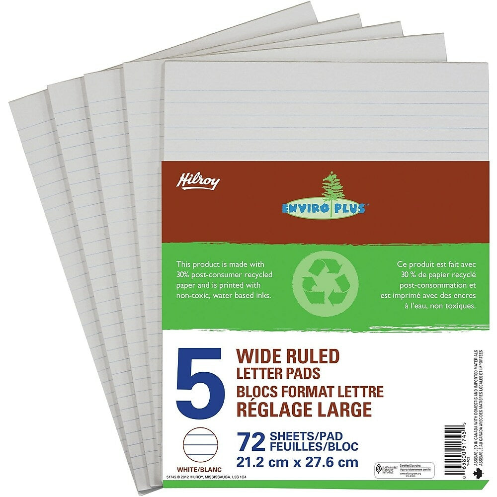 Image of Hilroy Enviro Plus Figuring Pads, 8-3/8" x 10-7/8", Wide-Ruled, White, 72 Sheets, 5 Pack