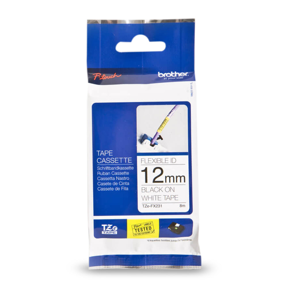 Image of Brother Genuine Tze-FX231 Black on White Flexible ID Laminated Tape for P-touch Label Makers, 12 mm wide x 8 m long