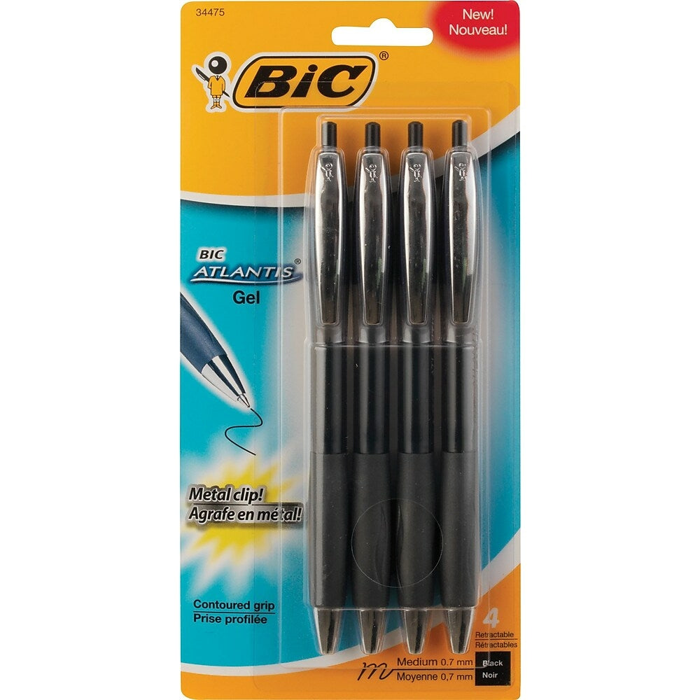 Image of BIC Atlantis Gel Retractable Pens, 0.7mm, Black, 4 Pack