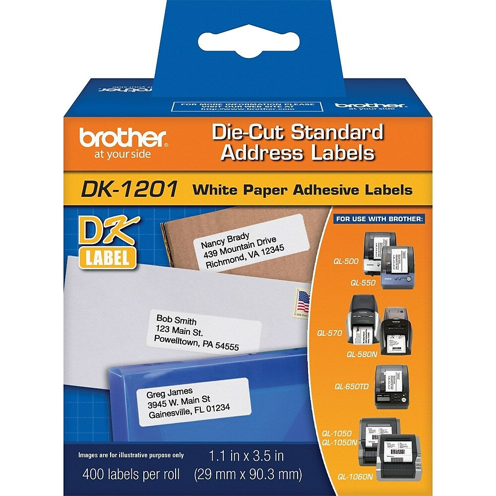 Image of Brother DK1201 Die-Cut Standard Address Labels, 1-1/7" x 3-1/2", 400 Labels