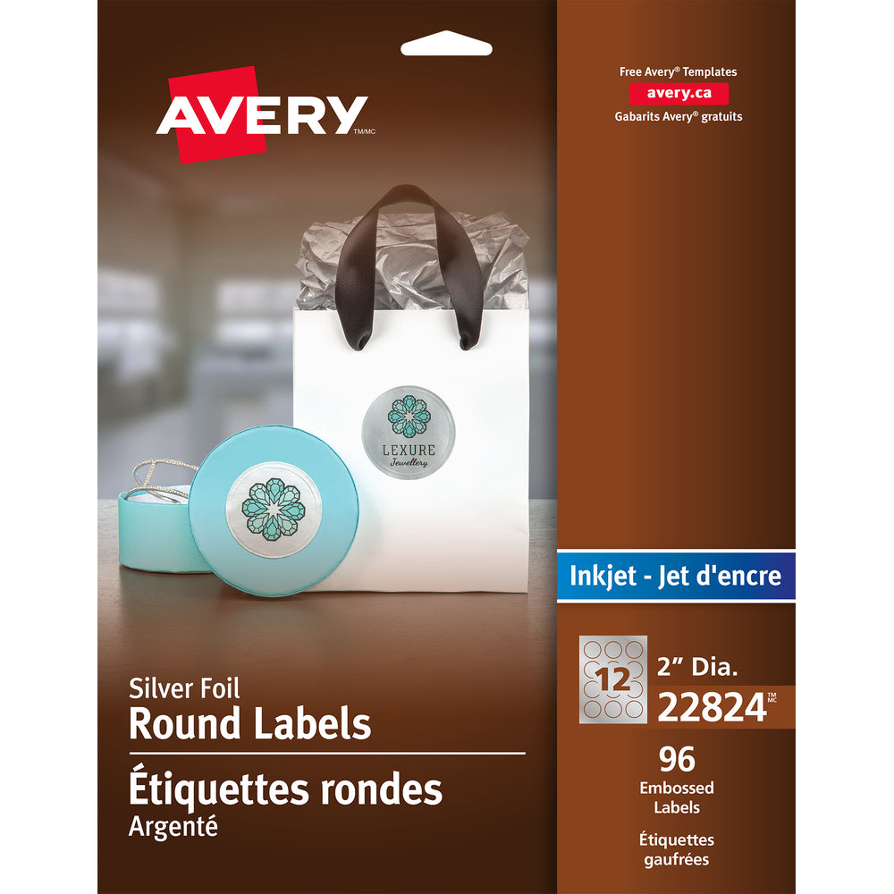 Image of Avery Silver Inkjet Embossed Round Labels, Permanent, 2" Diameter, 96 Pack (22824)