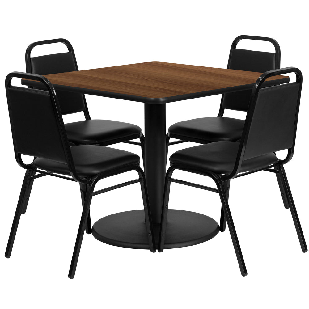 Image of Flash Furniture 36" Square Walnut Laminate Table Set with Round Base & 4 Black Trapezoidal Back Banquet Chairs