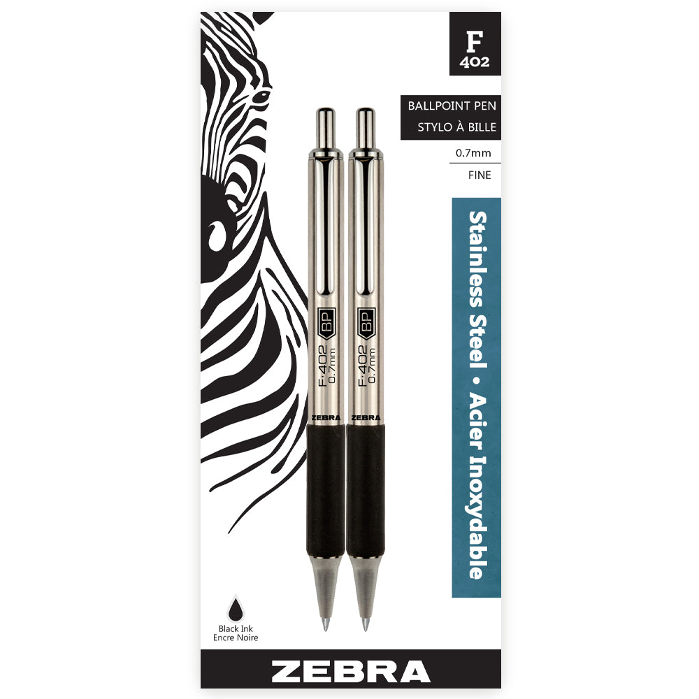 Image of Zebra F-402 Ballpoint Pen, Retractable, 0.7mm, Black, 2 Pack