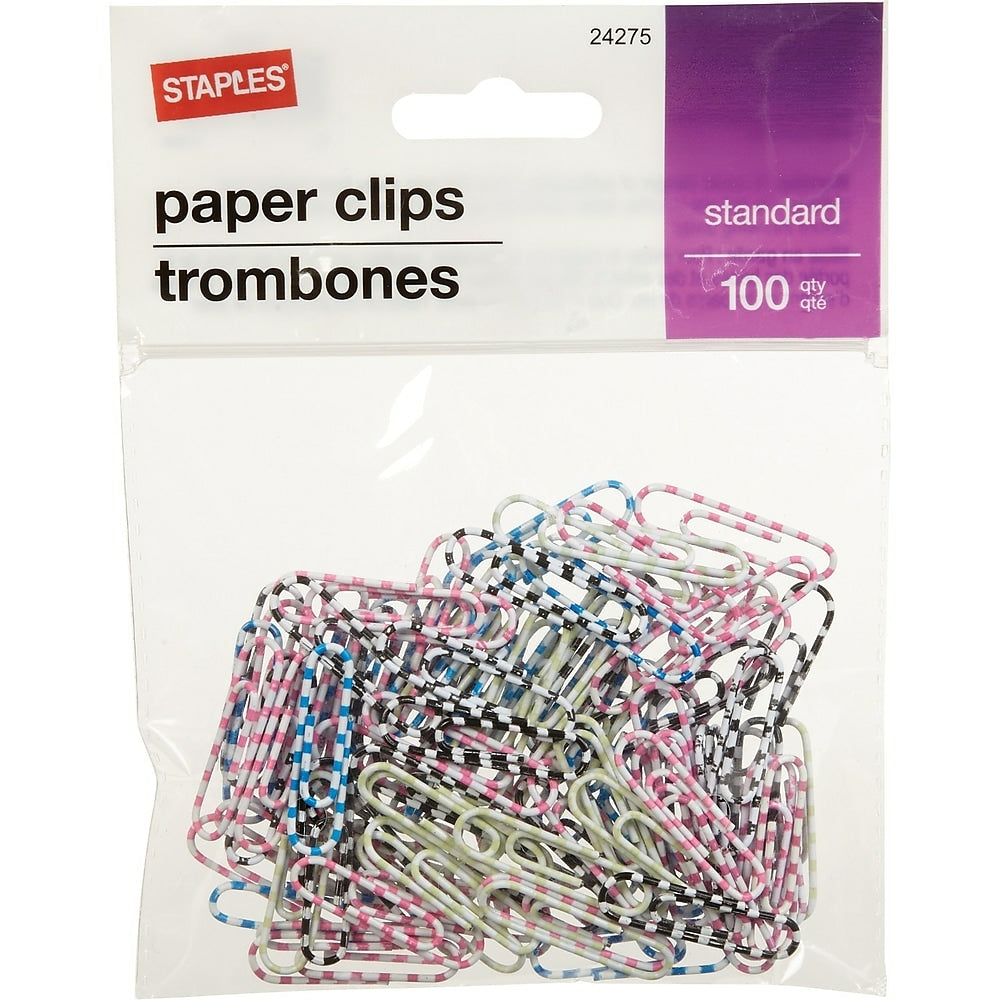 Image of Staples #1 Size Vinyl-Coated Paper Clips - Tiger-Striped - 100 Pack