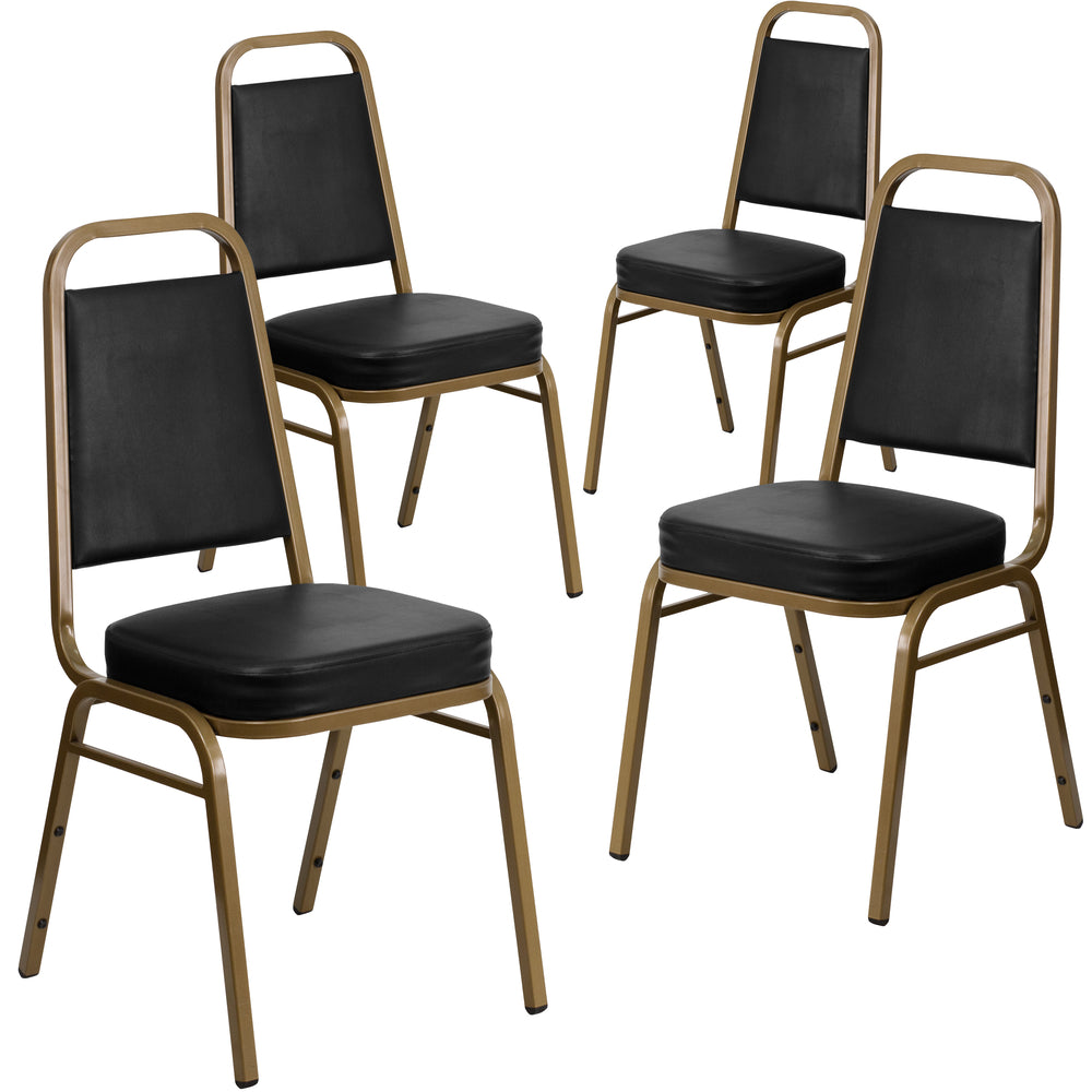 Image of Flash Furniture HERCULES Series Trapezoidal Back Stacking Banquet Chairs with Black Vinyl & Gold Frame - 4 Pack