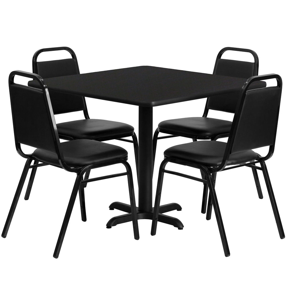 Image of Flash Furniture, 36" Square Black Laminate Table Set with X-Base and 4 Black Trapezoidal Back Banquet Chairs