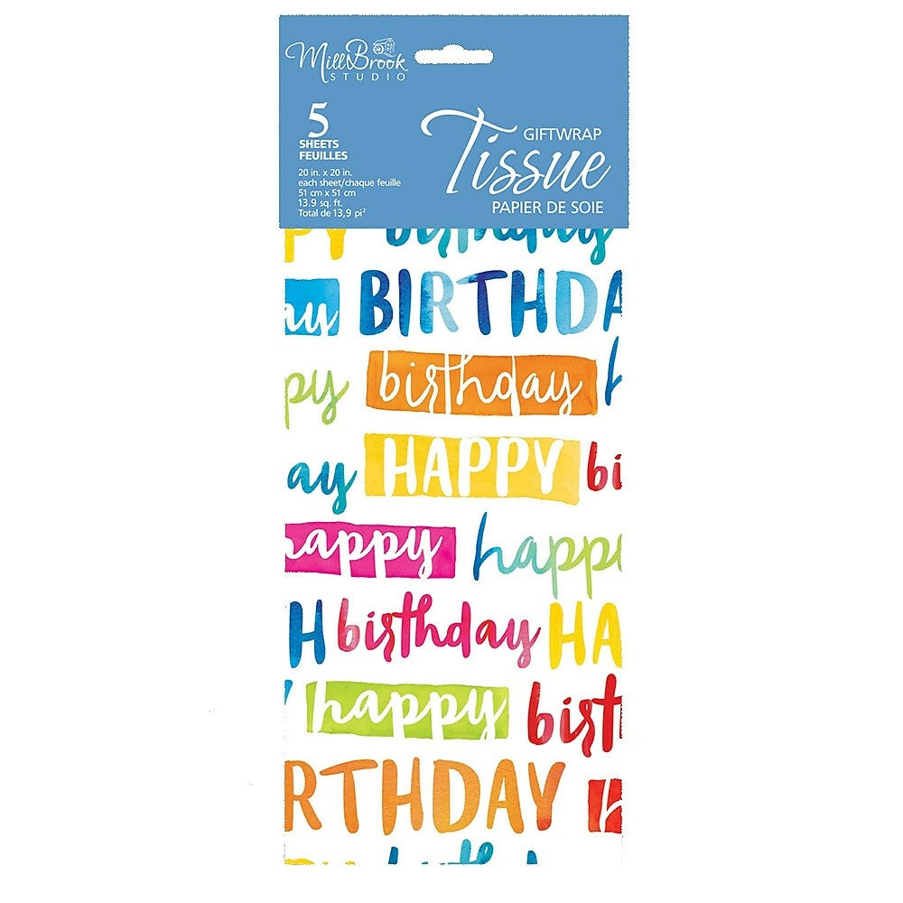 Image of MillBrook Studio Printed Tissue, Happy Birthday Text Pattern, 12 Pack (93068), Multicolour
