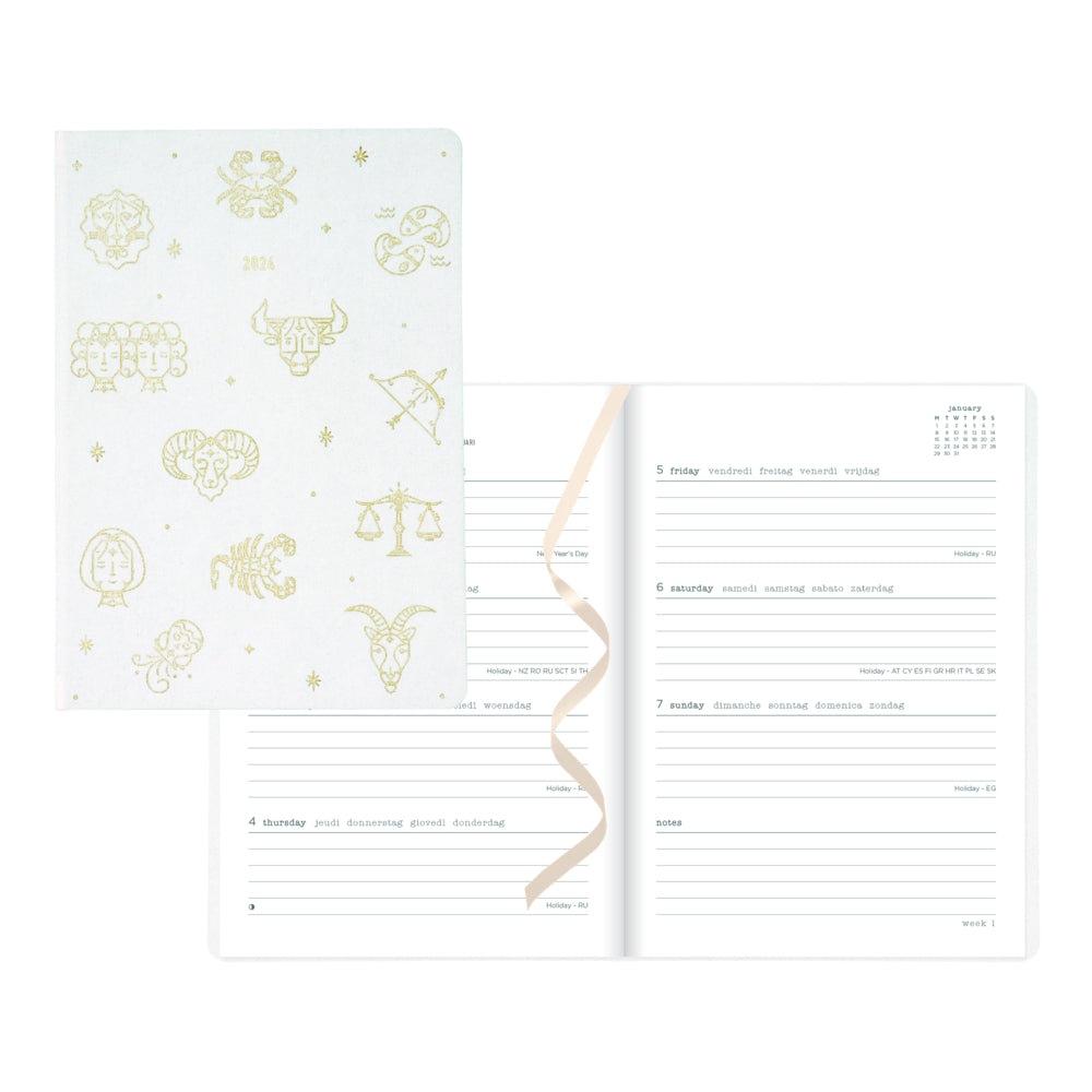 Image of Letts 2024 Zodiac Week To View Sewn Binding Planner - 8 1/4" H X 5 7/8" W - Ivory - Multilingual, White